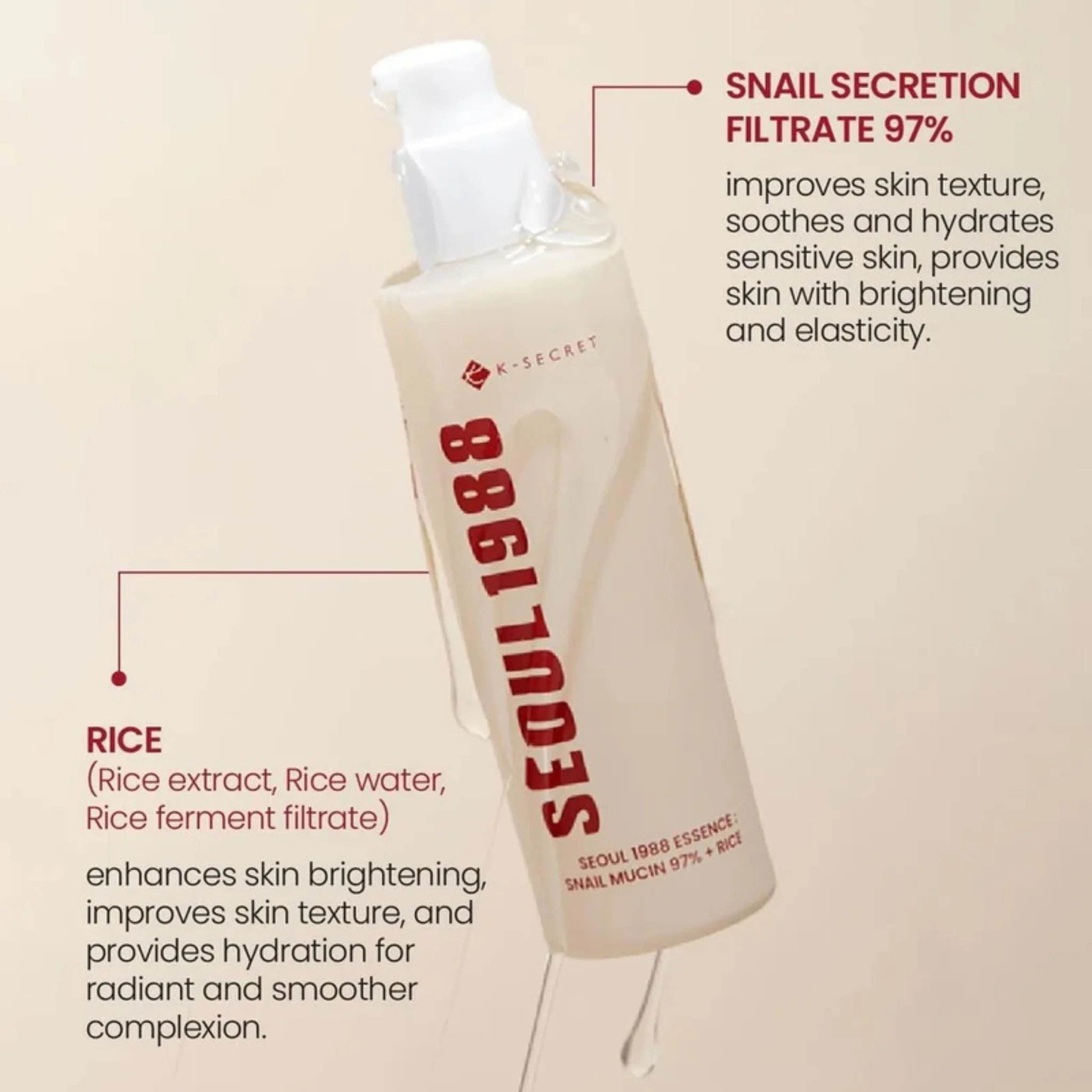 K-SECRET SEOUL 1988 Essence Snail Mucin 97% + Rice 100ml - Image 3